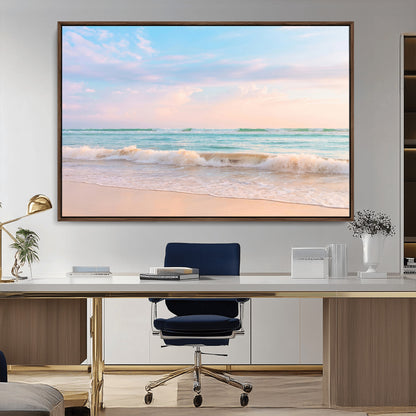 74679437-MGV-CV-36X24-Pastel Ocean Wall Art Canvas Print, Framed Beach Waves Art Picture Print, Soft Sunset Perfect Pastel Coastal Decor Artwork