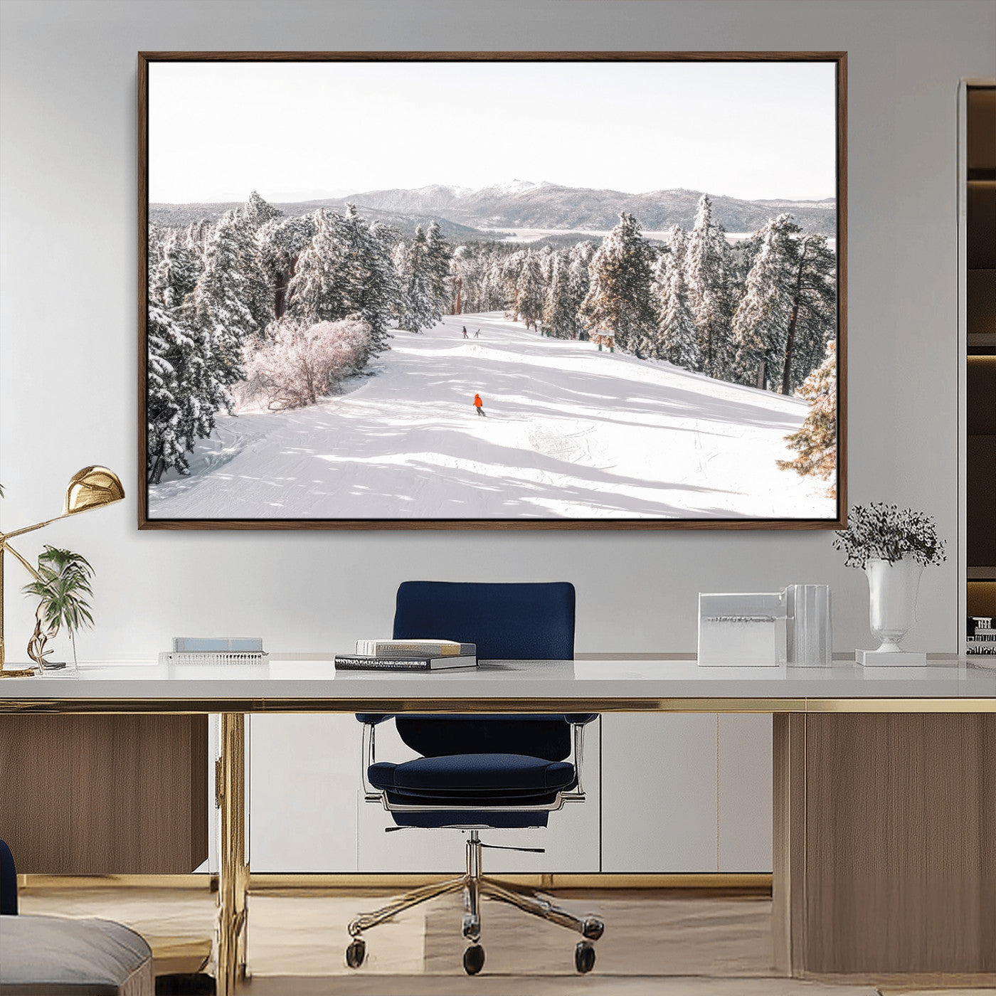 62119206-MGV-CV-36X24-Snowy Trail Wall Art Canvas Print, Framed Ski Slope Art Picture Print, Winter Pines Perfect Alpine Adventure Decor Artwork