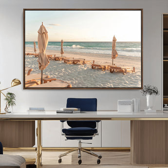 58507949-MGV-CV-36X24-Beach Umbrellas Wall Art Canvas Print, Framed Empty Loungers Art Picture Print, Soft Sand Perfect Minimalist Seaside Decor Artwork