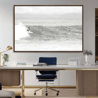 81535128-MGV-CV-36X24-Surfer Woman Wall Art Canvas Print, Framed Black Ocean Art Picture Print, Ocean Surfing Perfect Monochrome Coastal Decor Artwork