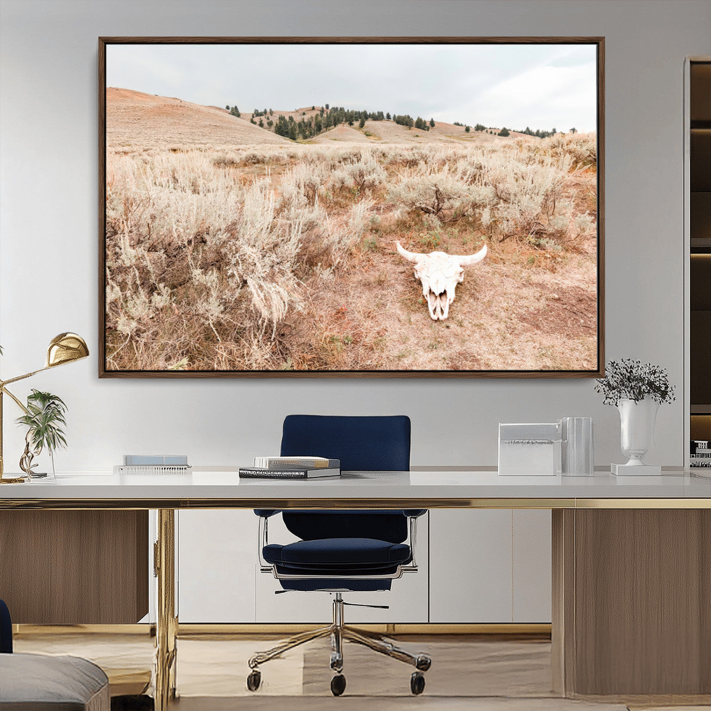 97234735-MGV-CV-36X24-Rustic Bones Wall Art Canvas Print, Framed Desert Sage Art Picture Print, Prairie Skull Perfect Minimal Rustic Decor Artwork