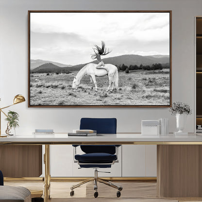 62789800-MGV-CV-36X24-White Horse Wall Art Canvas Print, Framed Woman Rider Art Picture Print, Equestrian Pose Perfect Western Boho Decor Artwork