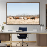 16563092-MGV-CV-36X24-Texas Longhorns Wall Art Canvas Print, Framed Western Cattles Art Picture Print, Rustic Herd Perfect Rustic Farmhouse Decor