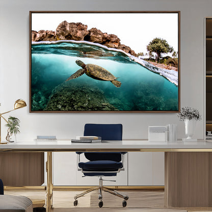 44200301-MGV-CV-36X24-Sea Turtle Swim Wall Art Canvas Print, Framed Ocean Life Art Picture Print, Tropical Shoreline Perfect Tropical Coastal Decor