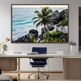 94669907-MGV-CV-36X24-Tropical Coastline Wall Art Canvas Print, Framed Palm Tree Art Picture Print, Rocky Beach Perfect Tropical Coastal Decor Artwork