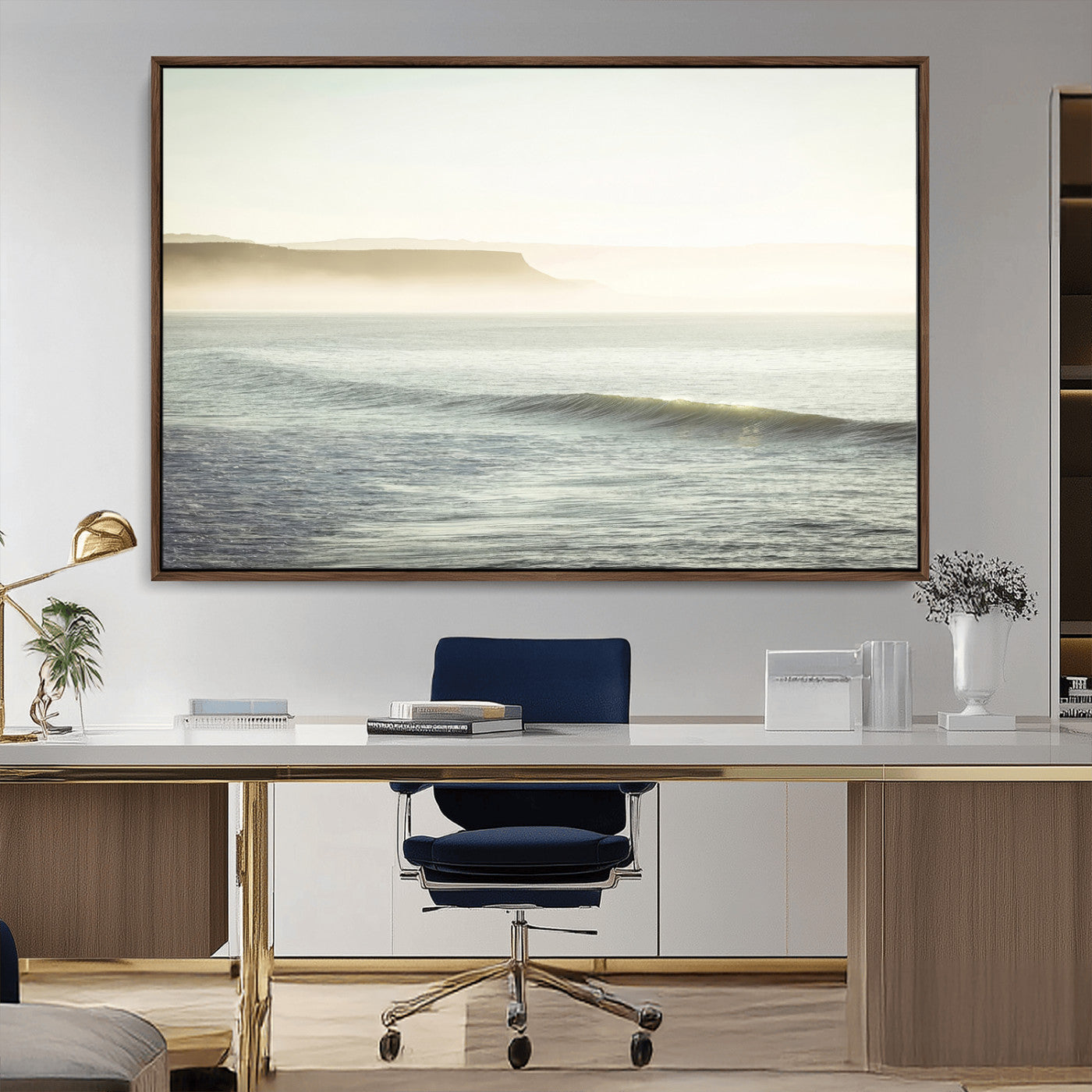 39310633-MGV-FC-36X24_Walnut-Coastal Cliffs Wall Art Canvas Print, Framed Misty Ocean Art Picture Print, Morning Light Perfect Minimalistic Coastal Decor