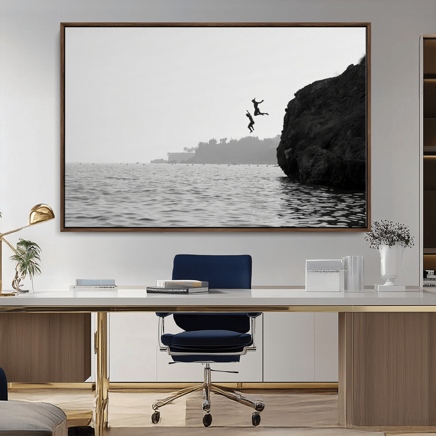52284302-MGV-CV-36X24-Cliff Jumping Wall Art Canvas Print, Framed Ocean Adventure Art Picture Print, Black White Coast Perfect Modern Coastal Decor