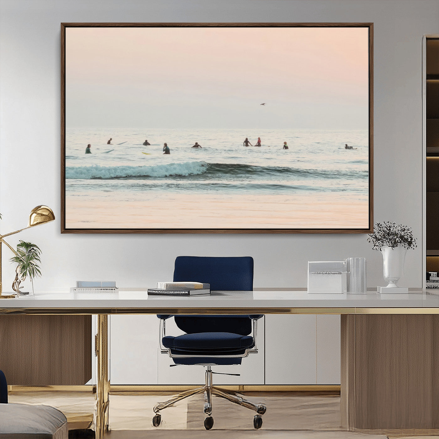 98888919-MGV-CV-36X24-Pastel Ocean Wall Art Canvas Print, Framed Soft Sunset Swimming Art Picture Print, Calm Sea Horizon Perfect Soft Coastal