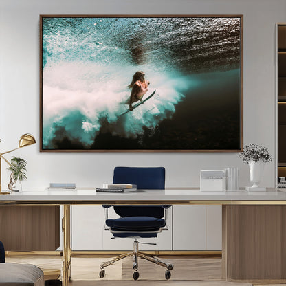 85923512-MGV-CV-36X24-Aquatic Motion Wall Art Canvas Print, Framed Underwater Swimming Art Picture Print, Female Surfer Diving Perfect Coastal Boho