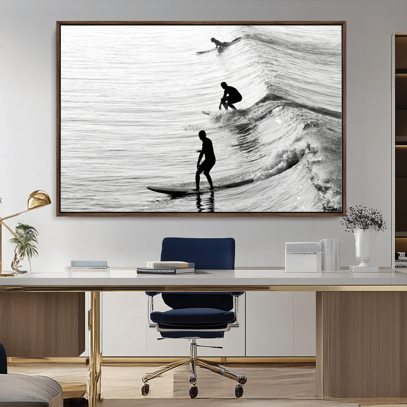 19875284-MGV-CV-36X24-Surfer Waves Wall Art Canvas Print, Framed Black White Surf Art Picture Print, Monochrome Ocean Perfect Modern Coastal Decor
