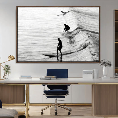 19875284-MGV-CV-36X24-Surfer Waves Wall Art Canvas Print, Framed Black White Surf Art Picture Print, Monochrome Ocean Perfect Modern Coastal Decor