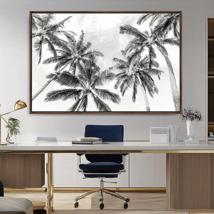 62113786-MGV-CV-36X24-Black White Palm Wall Art Canvas Print, Framed Monochrome Tropics Art Picture Print, Minimalist Beach Perfect Coastal Minimalist