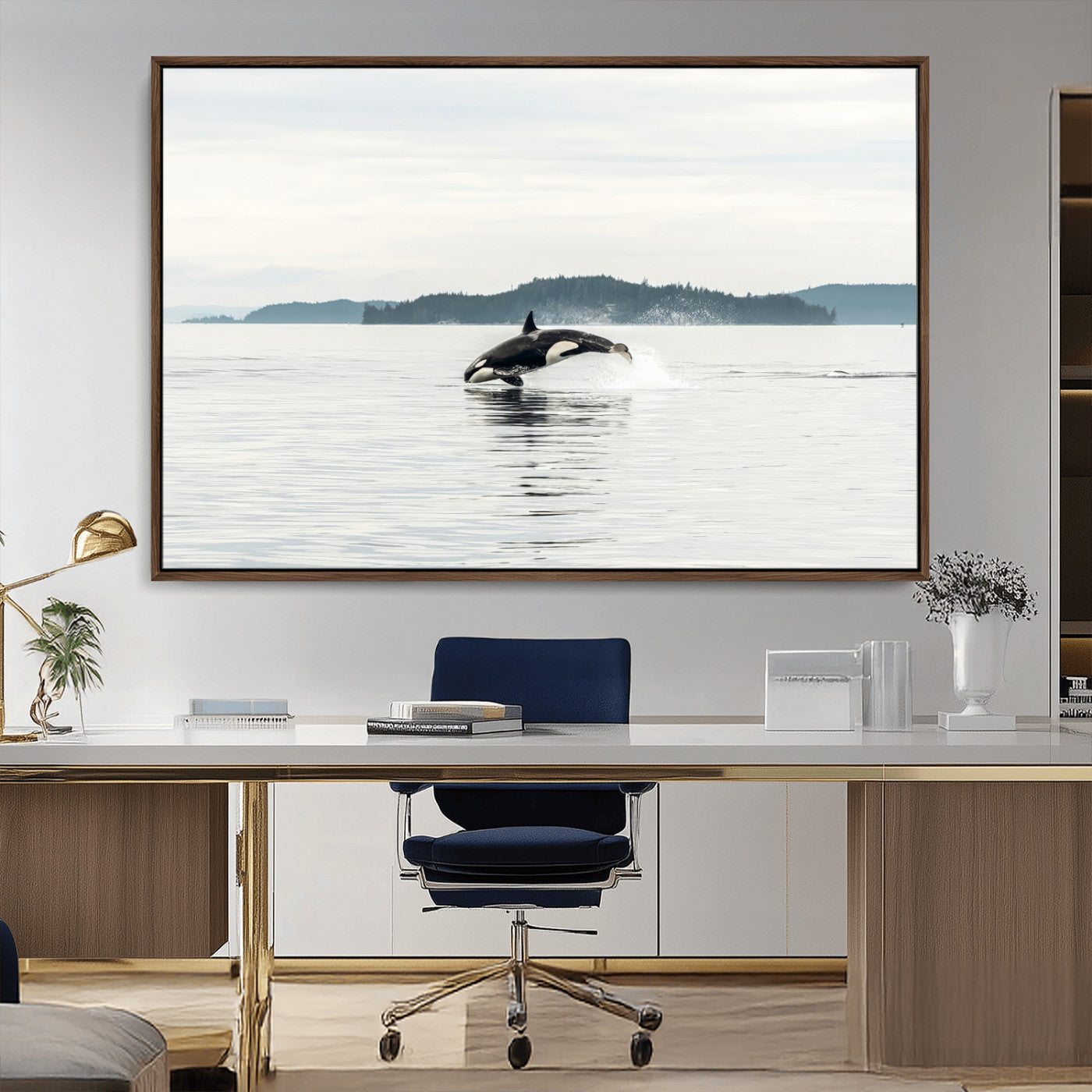 10157174-MGV-CV-36X24-Orca Whale Wall Art Canvas Print, Framed Black White Whale Art Picture Print, Minimalist Ocean Perfect Coastal Minimalist Decor
