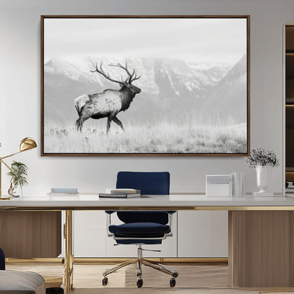 62278753-MGV-CV-36X24-Monochrome Elk Wall Art Canvas Print, Framed Mountain Wildlife Art Picture Print, Rustic Nature Perfect Rustic Minimalist Decor