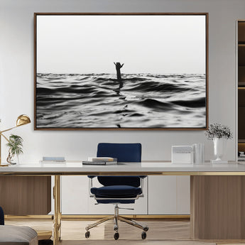 69541918-MGV-CV-36X24-Black White Ocean Wall Art Canvas Print, Framed Moody Seascape Art Picture Print, Surfer Sign Perfect Moody Minimalist Decor