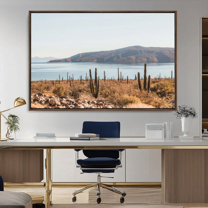 45193515-MGV-CV-36X24-Desert Cactus Wall Art Canvas Print, Framed Baja Coastline Art Picture Print, Coastal Desert Perfect Southwestern Minimalist Decor