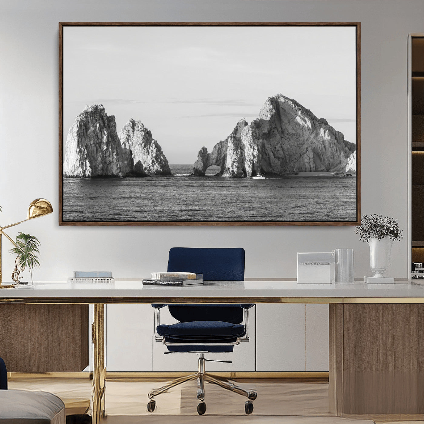 18810731-MGV-CV-36X24-Rugged Coastline Wall Art Canvas Print, Framed Ocean Cliffs Art Picture Print, Monochrome Seascape Perfect Coastal Minimalist