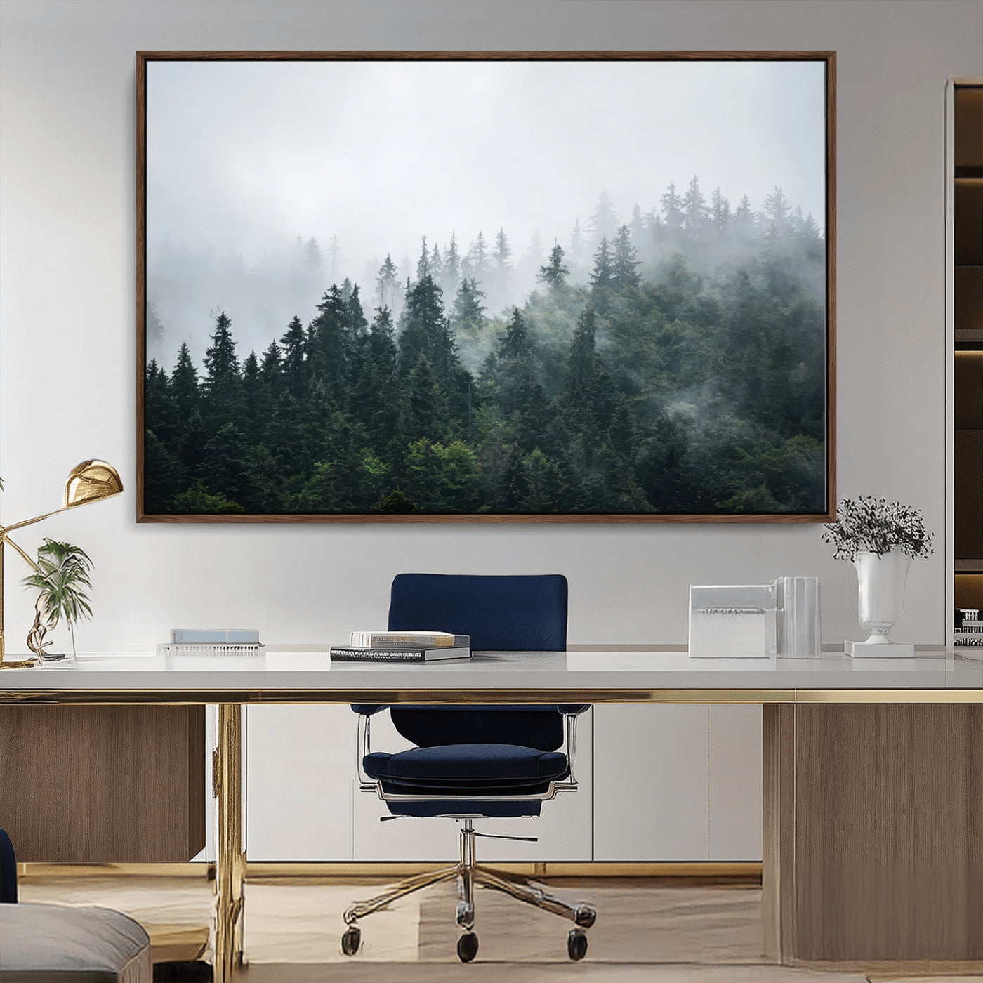 84146572-MGV-CV-36X24-Foggy Pine Trees Wall Art Canvas Print, Framed Forest Nature Art Picture Print, Evergreen Forest Perfect Scandinavian Minimalist