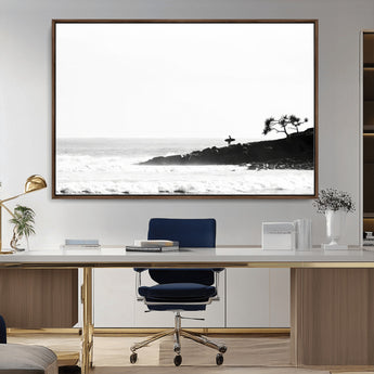 40875891-MGV-CV-36X24-SurferCliffs Wall Art Canvas Print, Framed Black White Beach Art Picture Print, Ocean Waves Perfect Minimalist Coastal Decor