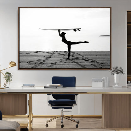 28441356-MGV-CV-36X24-Yoga Surf Wall Art Canvas Print, Framed Black White Shore Art Picture Print, Peaceful Ocean Perfect Minimalist Coastal Decor