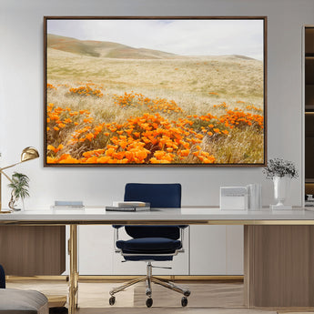 28972262-MGV-CV-36X24-Golden Wildflowers Wall Art Canvas Print, Framed Hills Bloom Art Picture Print, Poppy Meadow Perfect Rustic Nature Decor Artwork