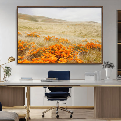 28972262-MGV-CV-36X24-Golden Wildflowers Wall Art Canvas Print, Framed Hills Bloom Art Picture Print, Poppy Meadow Perfect Rustic Nature Decor Artwork