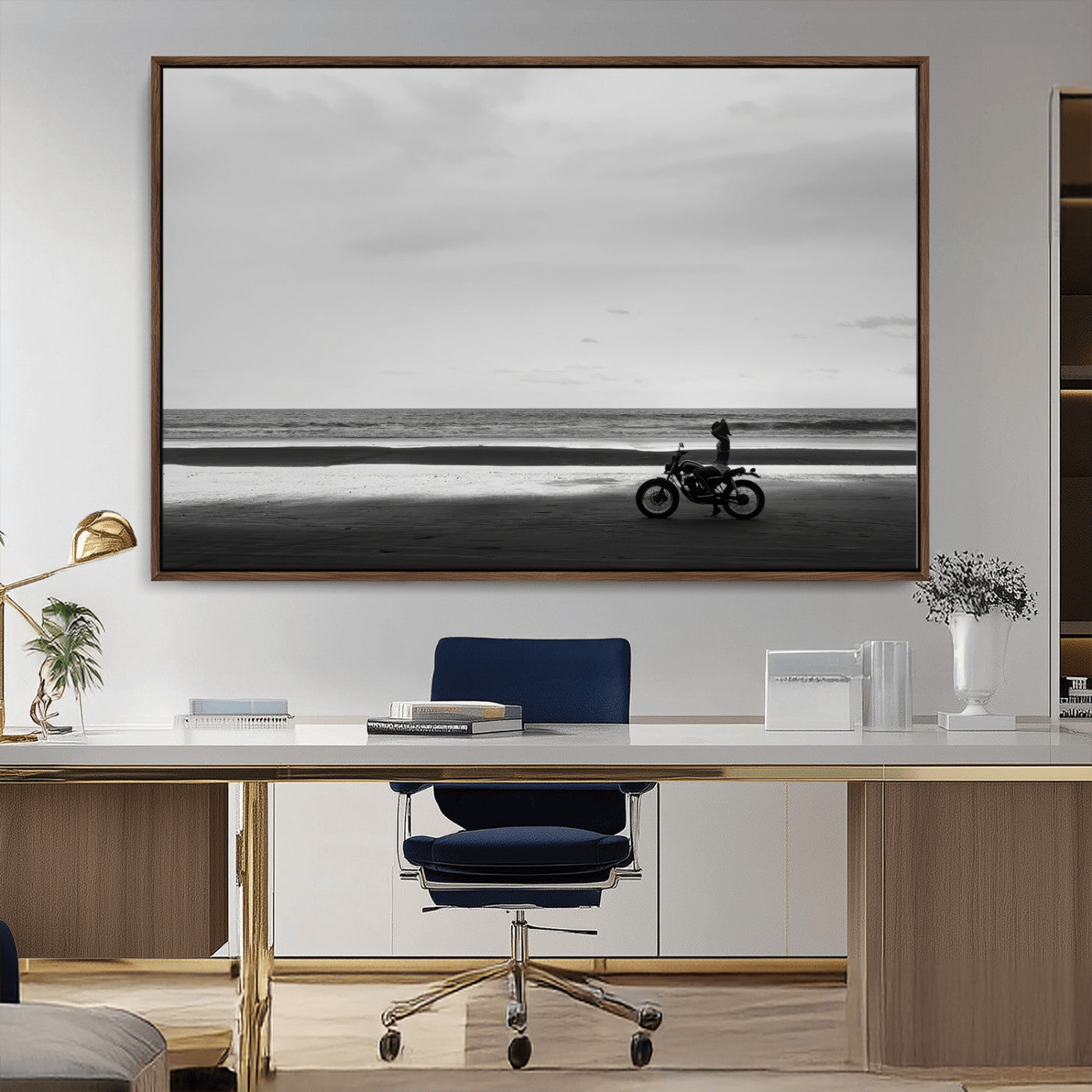 84739358-MGV-CV-36X24-Motorcycle Beach Wall Art Canvas Print, Framed Vintage Motorcycle Art Picture Print, Biker Silhouette Perfect Minimalist Adventure
