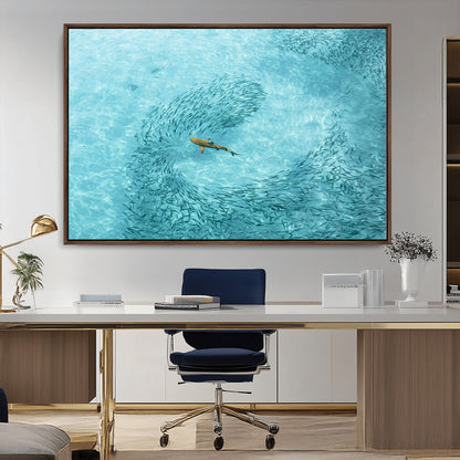 43671474-MGV-CV-36X24-Fish Swarm Wall Art Canvas Print, Framed Marine Life Art Picture Print, Shark Aerial Perfect Wildlife Coastal Decor Artwork