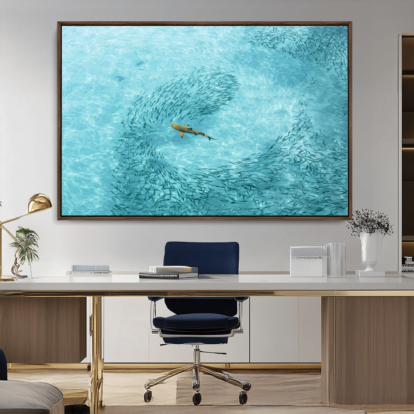 43671474-MGV-CV-36X24-Fish Swarm Wall Art Canvas Print, Framed Marine Life Art Picture Print, Shark Aerial Perfect Wildlife Coastal Decor Artwork