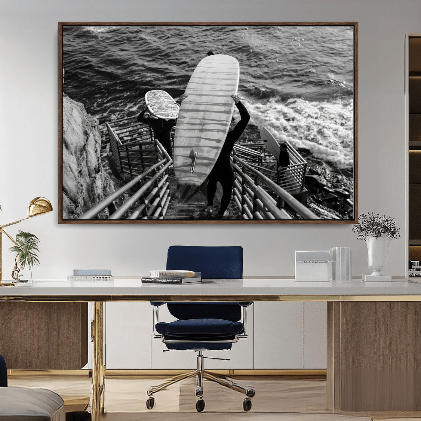 32353707-MGV-CV-36X24-Black White Surfing Wall Art Canvas Print, Framed Coastal Surfing Art Picture Print, Wave Riders Perfect Coastal Adventure Decor