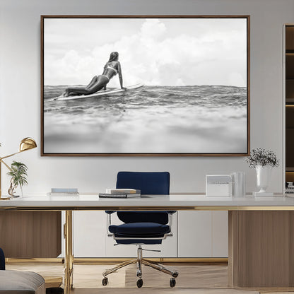 69798068-MGV-CV-36X24-Black White Surfing Wall Art Canvas Print, Framed Ocean Horizon Art Picture Print, Surfer Girl Perfect Coastal Adventure Decor