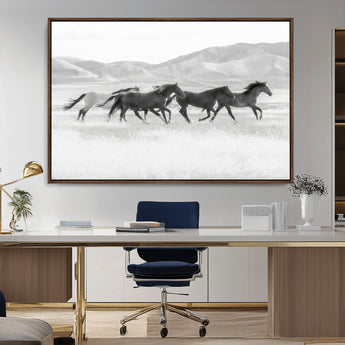 69934913-MGV-CV-36X24-Wild Horses Running Wall Art Canvas Print, Framed Black White Mustangs Art Picture Print, Rustic Western Perfect Rustic Western