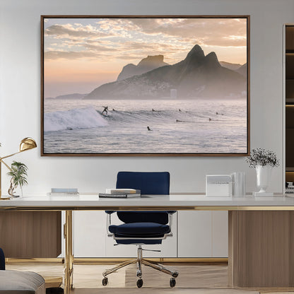70644906-MGV-CV-36X24-Sunset Surfing Wall Art Canvas Print, Framed Misty Mountains Art Picture Print, Surfer Riding Wave Perfect Coastal Adventure Decor
