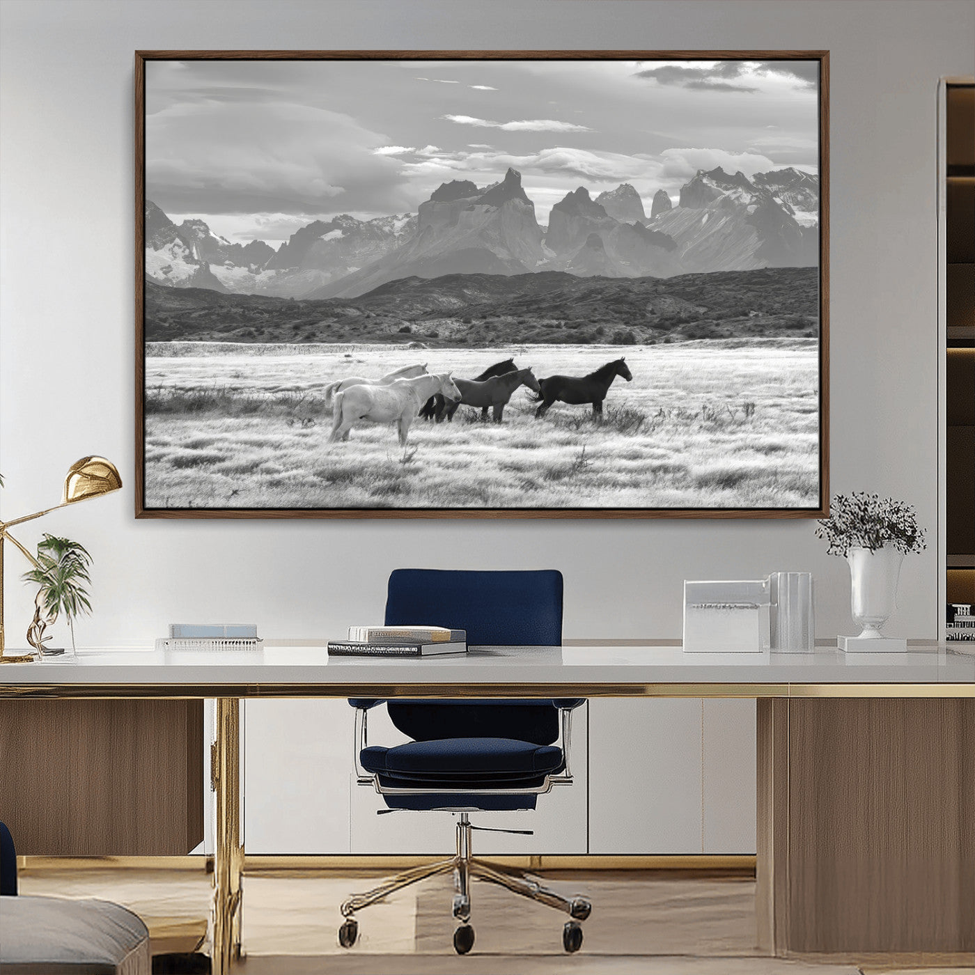 21655040-MGV-CV-36X24-Wild Horses Wall Art Canvas Print, Framed Black White Mountains Art Picture Print, Rustic Countryside Perfect Rustic Western Decor