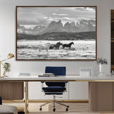21655040-MGV-CV-36X24-Wild Horses Wall Art Canvas Print, Framed Black White Mountains Art Picture Print, Rustic Countryside Perfect Rustic Western Decor