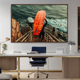 84555848-MGV-CV-36X24-Surfer Stairway Wall Art Canvas Print, Framed Ocean Surf Art Picture Print, Sunset Coastal Perfect Coastal Adventure Decor Artwork