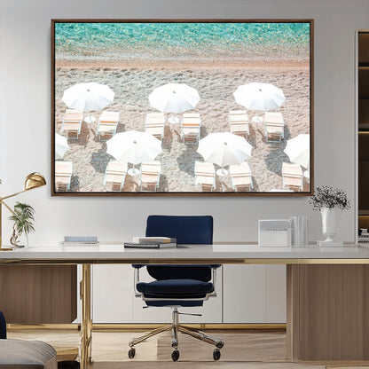83736167-MGV-CV-36X24-Calm Beach Wall Art Canvas Print, Framed Turquoise Water Art Picture Print, Umbrella Shoreline Perfect Coastal Minimalist Decor