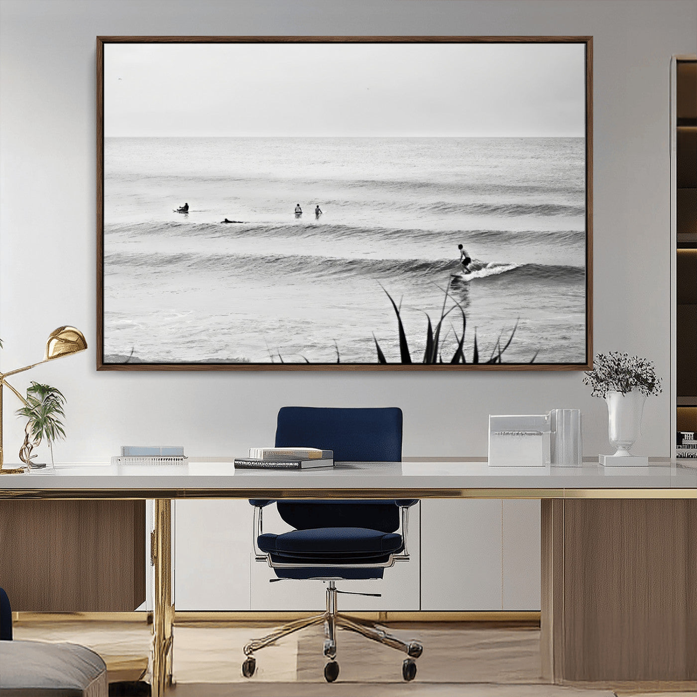 33821421-MGV-CV-36X24-Surfer Silhouette Wall Art Canvas Print, Framed Calm Ocean Art Picture Print, Monochrome Surf Perfect Minimalist Coastal Decor