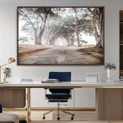 87090469-MGV-CV-36X24-Cypress Tunnel Wall Art Canvas Print, Framed Misty Road Art Picture Print, Foggy Trees Perfect Rustic Woodland Decor Artwork