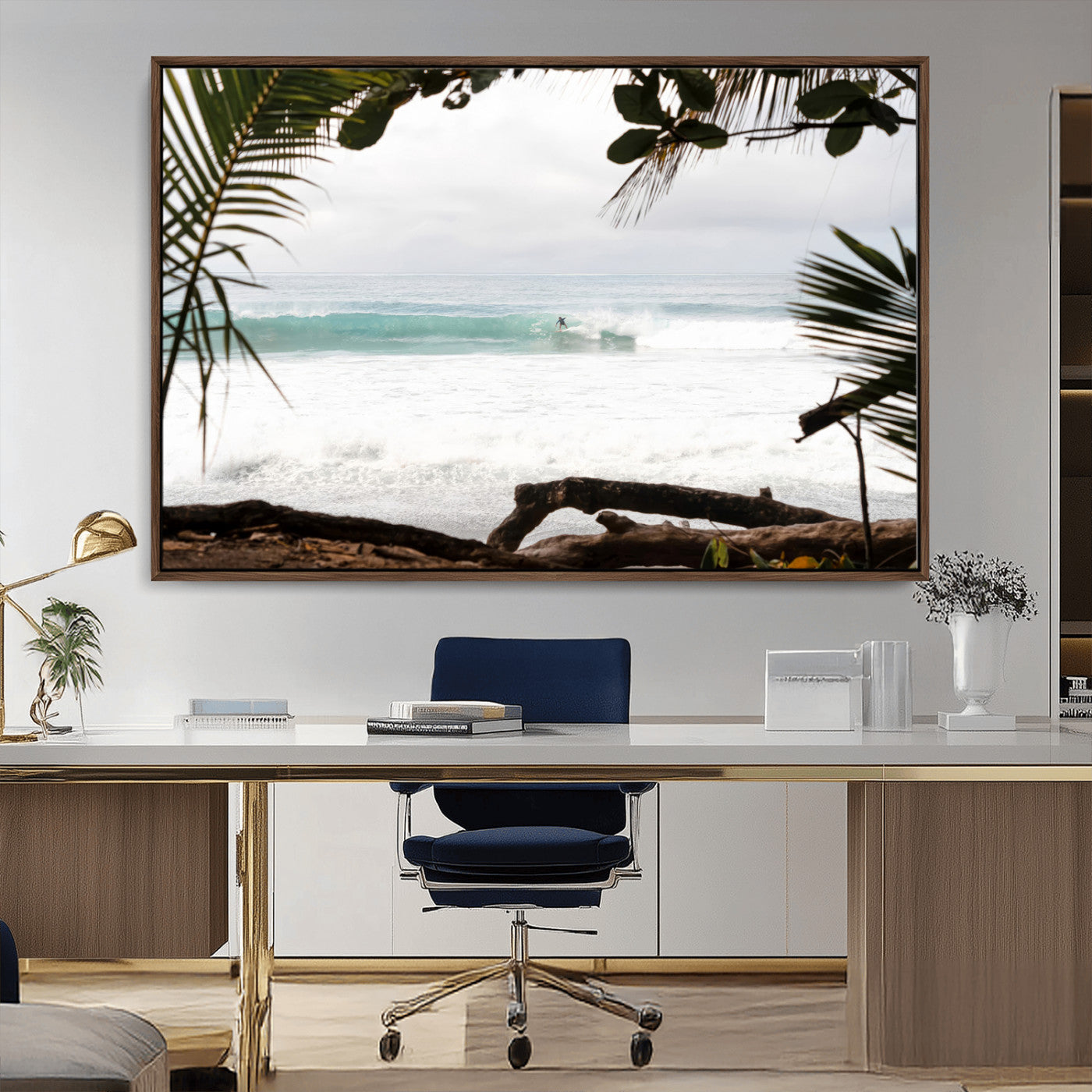 50382104-MGV-FC-36X24_Walnut-Tropical Surf Wall Art Canvas Print, Framed Palm Tree View Art Picture Print, Beach House Art Perfect Boho Coastal Decor Artwork