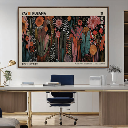 28344895-MGV-FC-36X24_Walnut-Dark Floral Abstract Wall Art Poster – Modern Botanical Canvas Print with Beige Border, Kusama Inspired Boho Flower Painting,