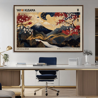 54967195-MGV-CV-36X24-Mount Fuji Wall Art – Japanese Cherry Blossom Abstract Canvas Print, Navy Gold Landscape Painting, Oriental Luxury Home Decor