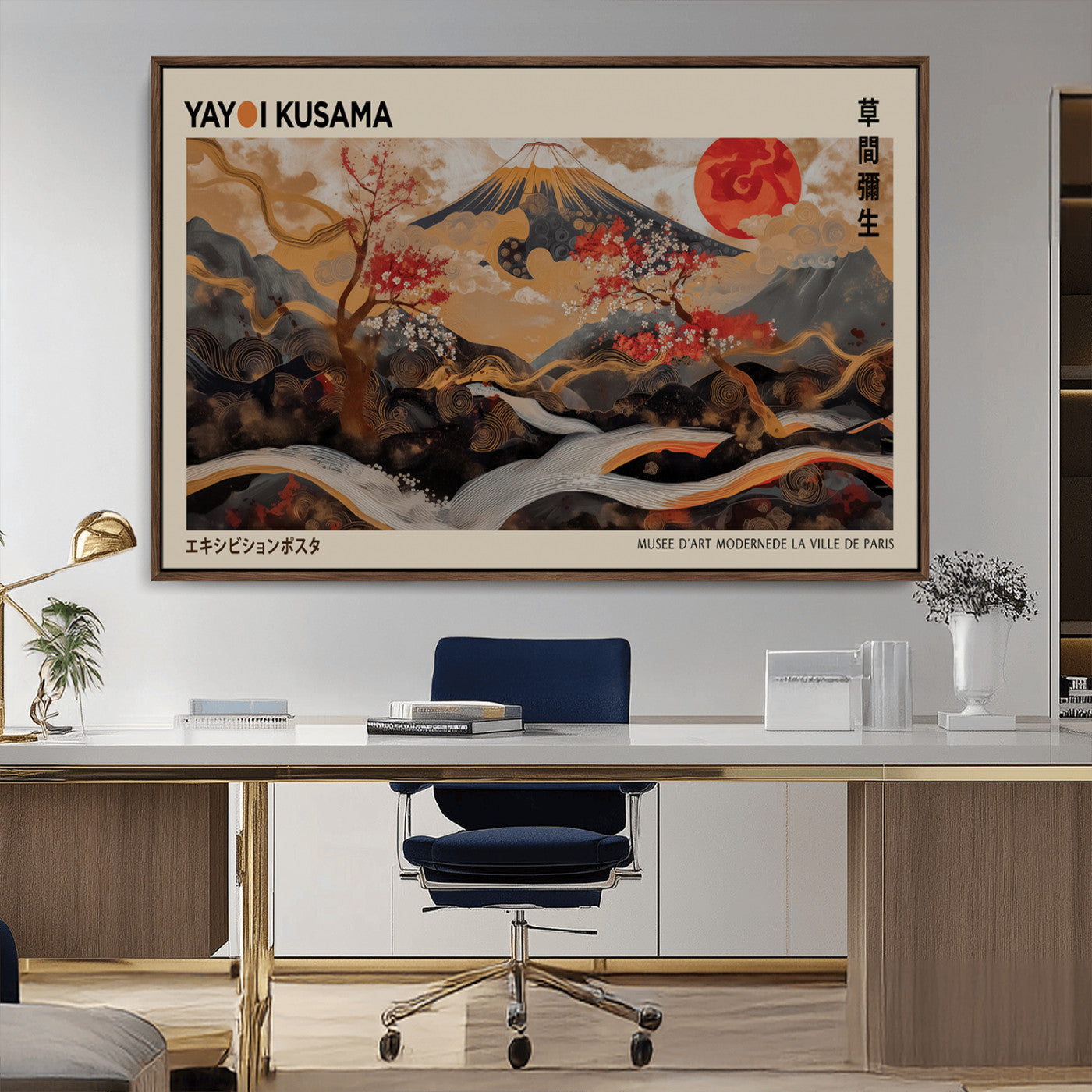 77970791-MGV-CV-36X24-Mount Fuji Golden Abstract Wall Art – Japanese Landscape Canvas Poster, Cherry Blossom & Red Sun Painting, Elegant Zen Oriental