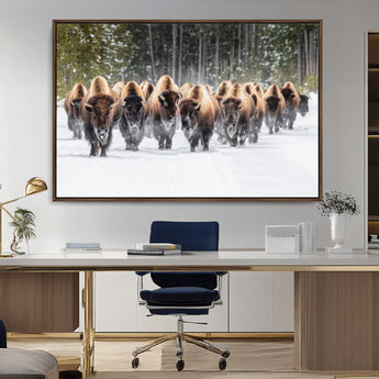 22695857-MGV-CV-36X24-Bison Herd Scene Wall Art Canvas Print, Framed Western Wildlife Art Picture Print, Rustic Animal Art Perfect Rustic Lodge Decor