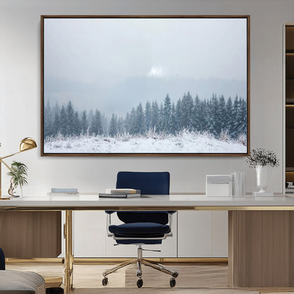 33033082-MGV-CV-36X24-Winter Forest Art Wall Art Canvas Print, Framed Snowy Landscape Art Picture Print, Misty Tree Scene Perfect Nordic Minimalist