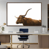 62566114-MGV-CV-36X24-Longhorn Cow Art Wall Art Canvas Print, Framed Rustic Animal Decor Art Picture Print, Texas Bull Photo Perfect Rustic Farmhouse