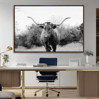 97280319-MGV-CV-36X24-Longhorn Photography Wall Art Canvas Print, Framed Western Cow Decor Art Picture Print, Texas Ranch Style Perfect Rustic Farmhouse