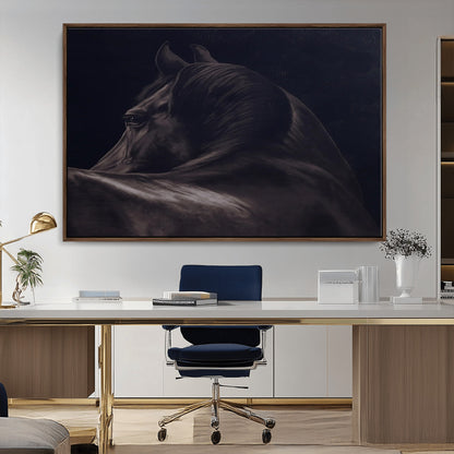 67026880-MGV-CV-36X24-Black Horse Portrait Wall Art Canvas Print, Framed Moody Horse Decor Art Picture Print, Equestrian Wall Style Perfect Masculine