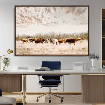 57389417-MGV-CV-36X24-Cow Herd Photography Wall Art Canvas Print, Framed Rustic Farmhouse Decor Art Picture Print, Western Ranch Style Perfect Rustic