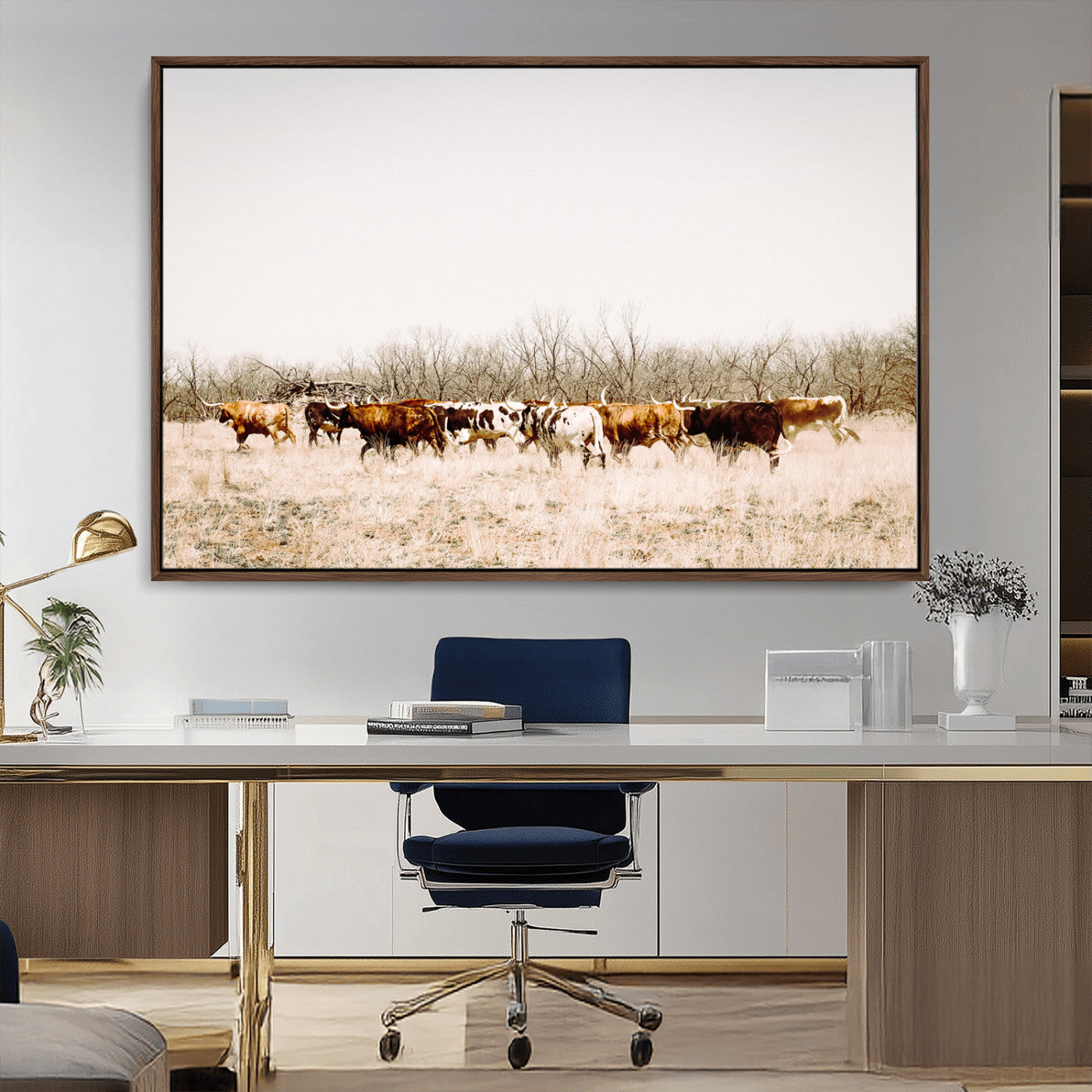 12454132-MGV-CV-36X24-Cow Herd Photography Wall Art Canvas Print, Framed Rustic Farmhouse Decor Art Picture Print, Western Ranch Style Perfect Rustic